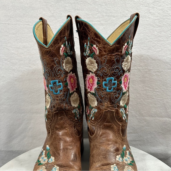 Macie Bean floral brown cowboy boots square toe rose garden leather pink blue - Picture 6 of 11